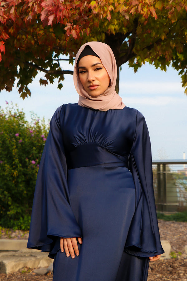 LaMeera Drape Sleeves Satin Dress - Midnight Blue