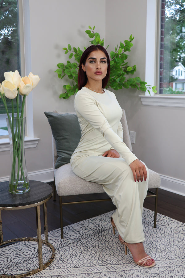 Ivory Plain Fitted Silky Spandex Maxi Dress