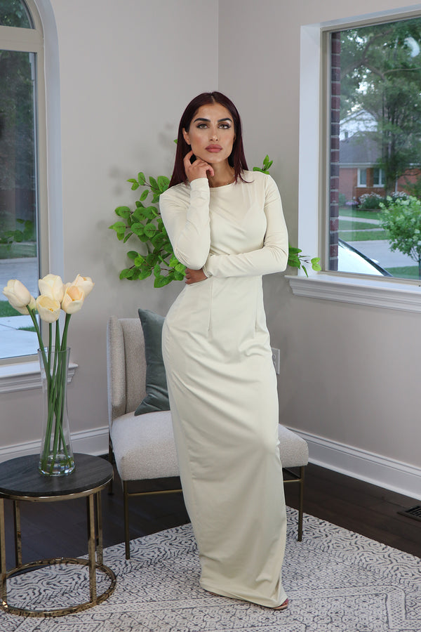 Ivory Plain Fitted Silky Spandex Maxi Dress