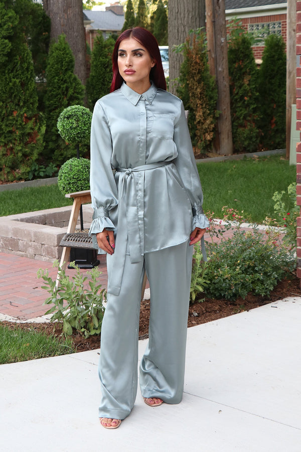 Lameera Satin Pants - Mint Gray