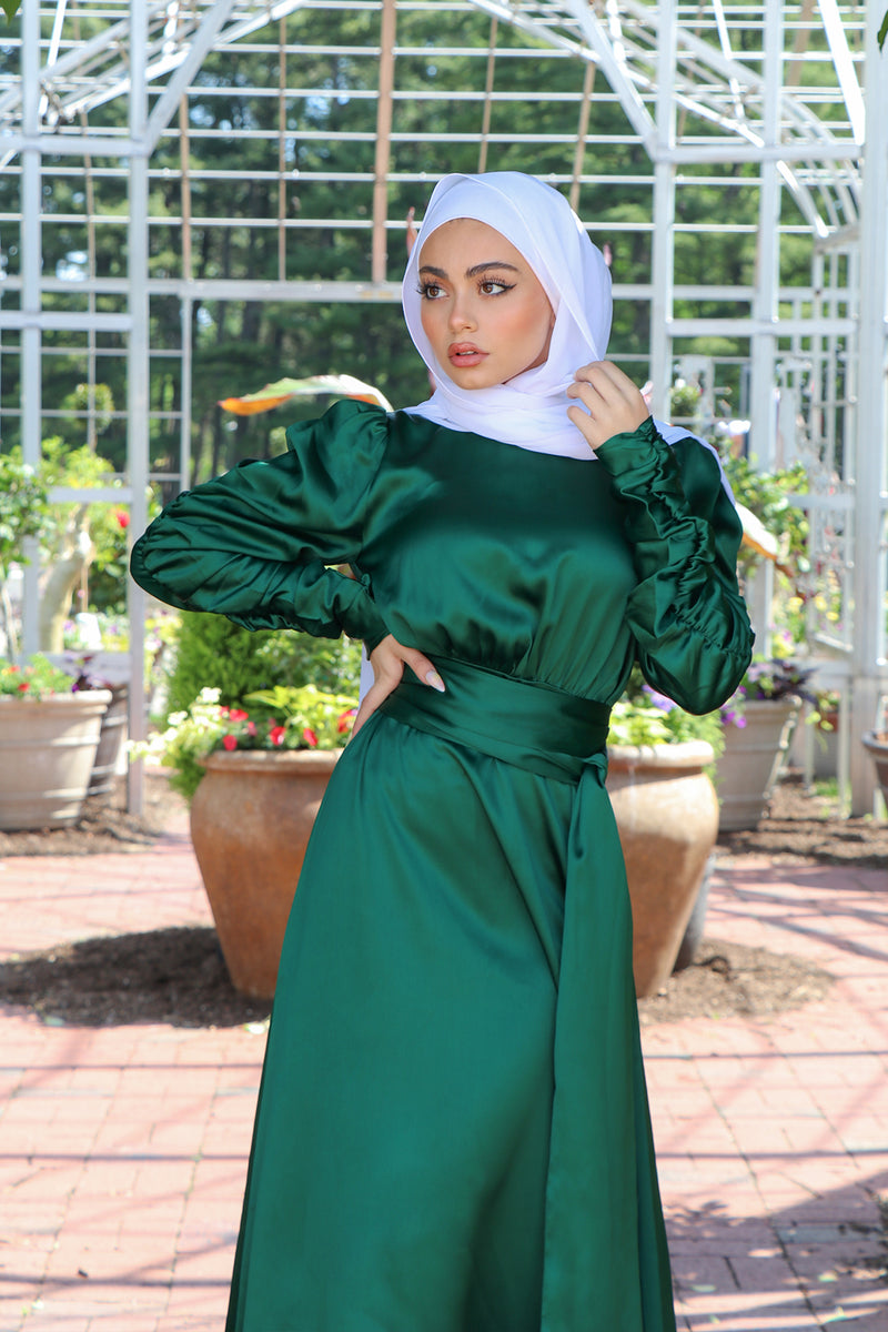 Aubrey Ruched Satin Dress - Emerald