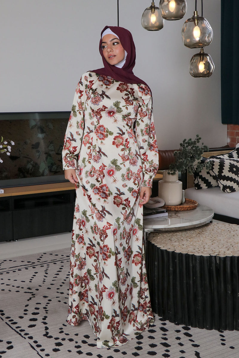 Devina Satin Floral Dress- Beige