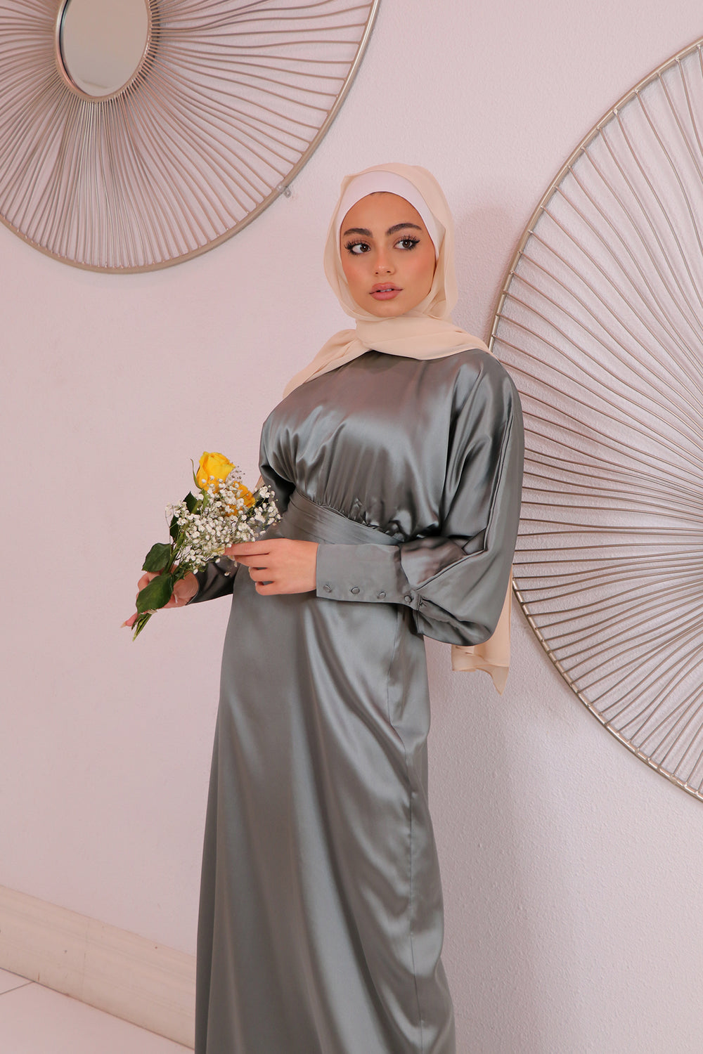 Liliana Batwing Satin Dress - Mint Gray