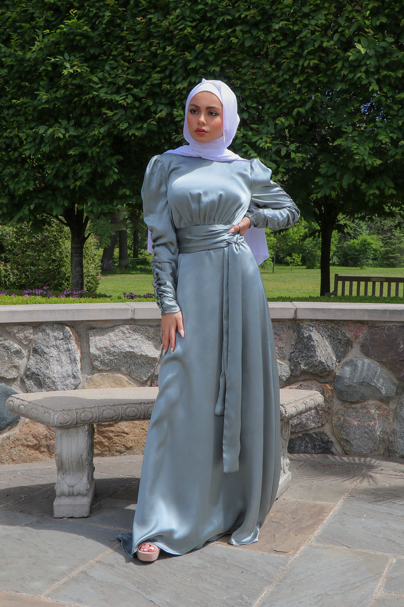 Aubrey Ruched Satin Dress - Mint Gray