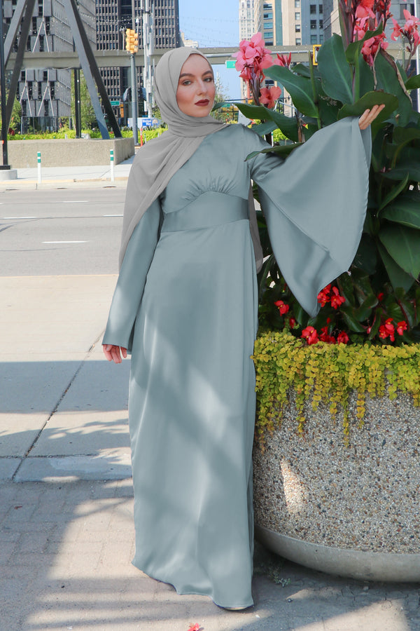 LaMeera Drape Sleeves Satin Dress - Mint Gray