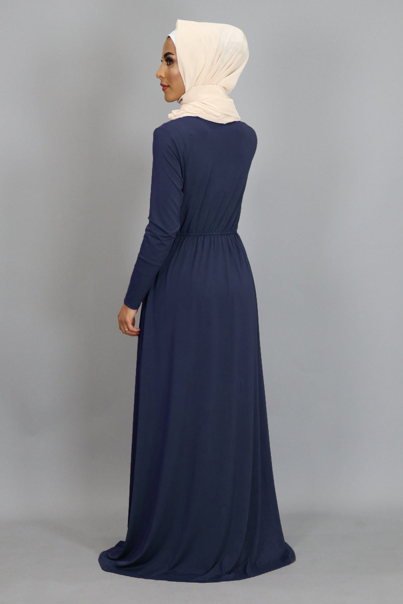 Navy Blue Pleated Spandex Maxi Dress (2452676837433)