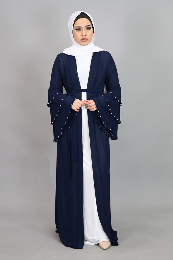 Navy Blue Chiffon Pearls Abaya Buttoned-Down Cardigan Dress