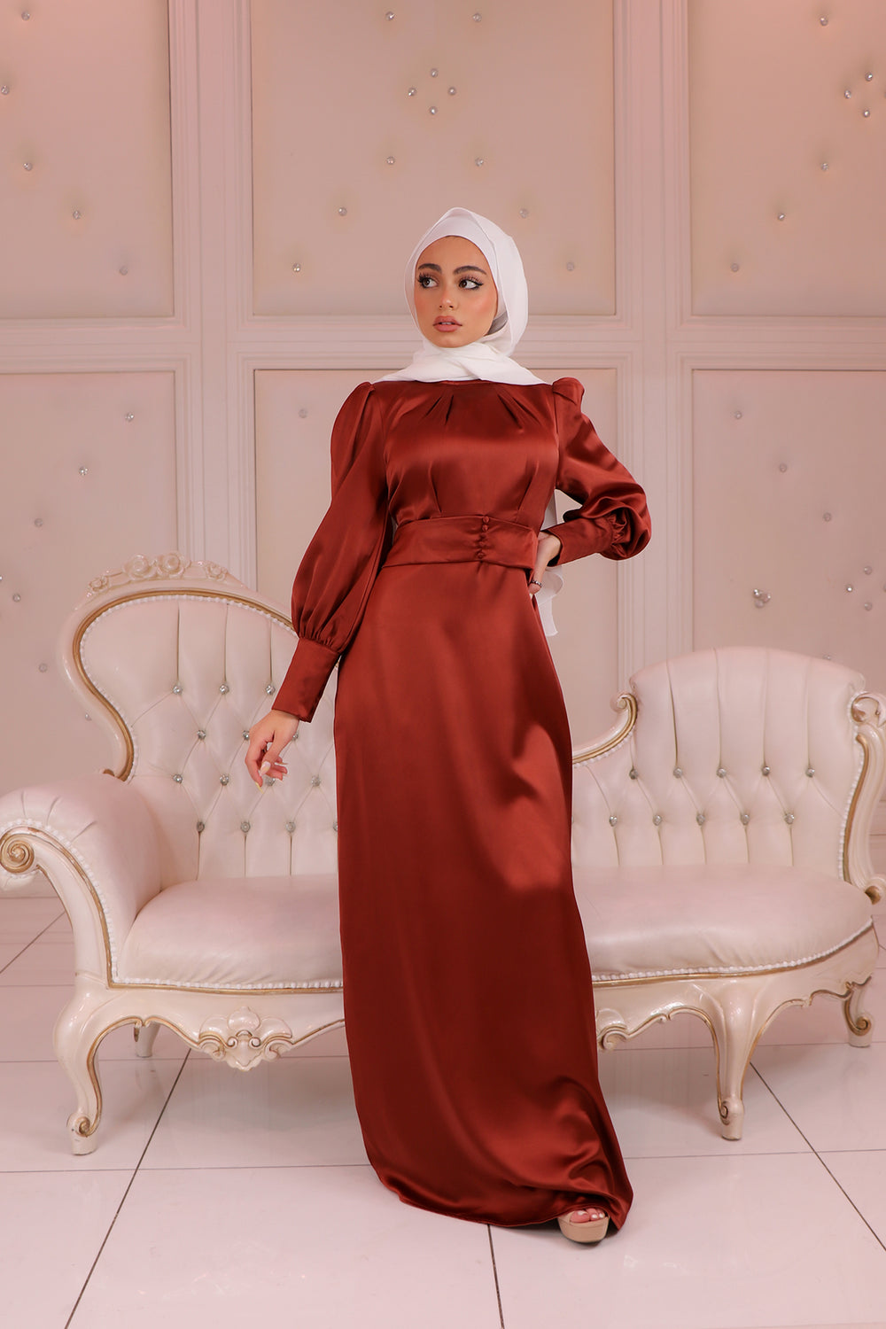 corset pakistani dress Mustard Chiffon Corset Puff Sleeves Dress Montivo