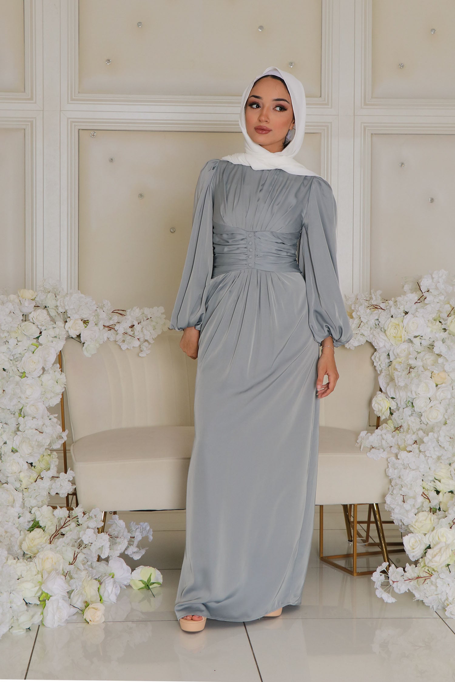 Cara Folds Satin Dress- Mint Gray XL by LaMeera Moda Cara Folds Satin Dress- Mint Gray XL by LaMeera Moda