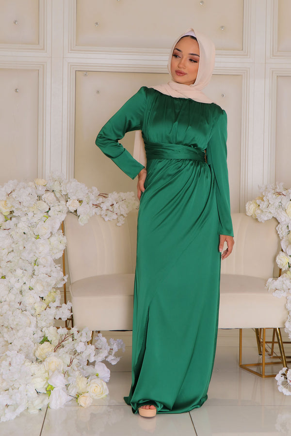 Sarai Layer Satin Dress- Hunter Green