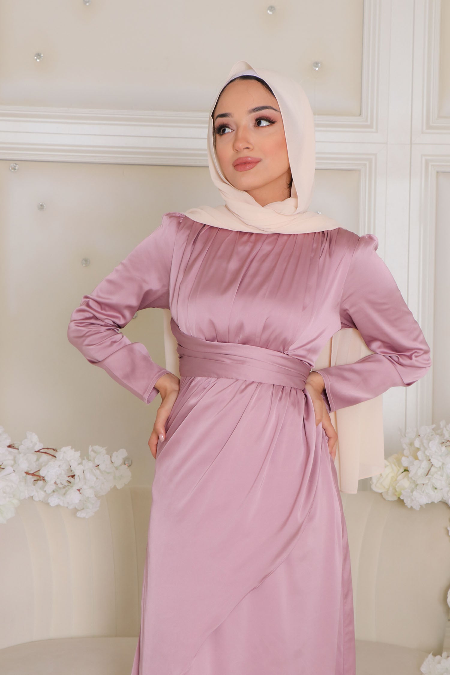 rose pink satin dress Azazie Loisa