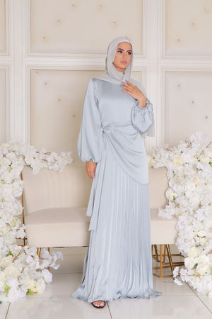 Athena Pleat Satin Dress- Sky Blue