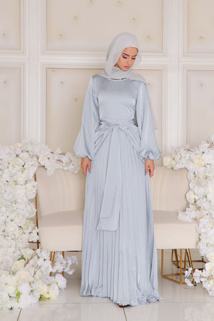 Athena Pleat Satin Dress- Sky Blue