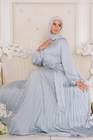 Athena Pleat Satin Dress- Sky Blue