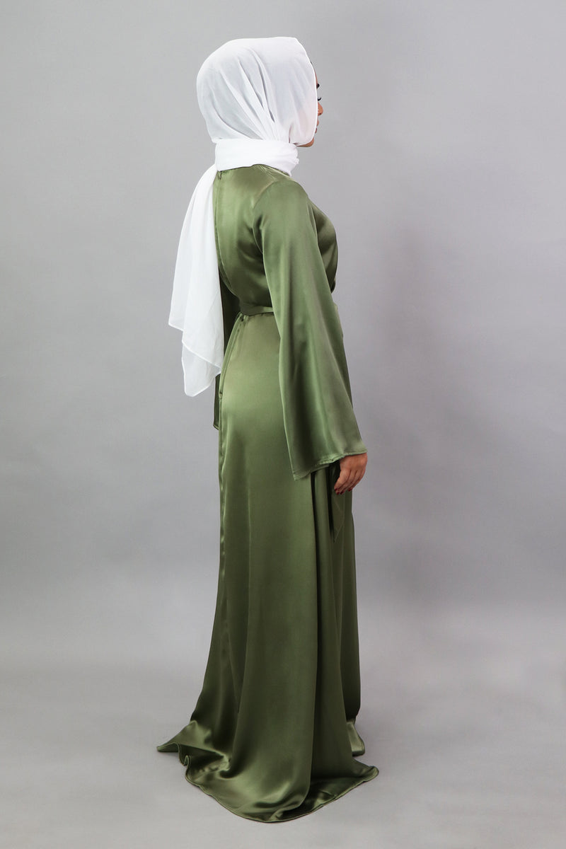 LaMeera Wide Sleeve Satin Dress - Sage Green