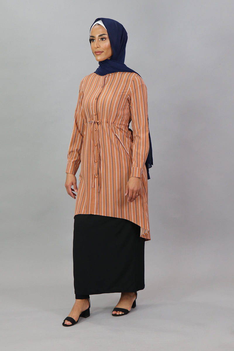 Apricot Striped Buttoned-Down Tunic Dress