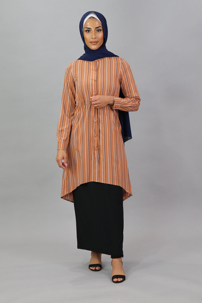Apricot Striped Buttoned-Down Tunic Dress