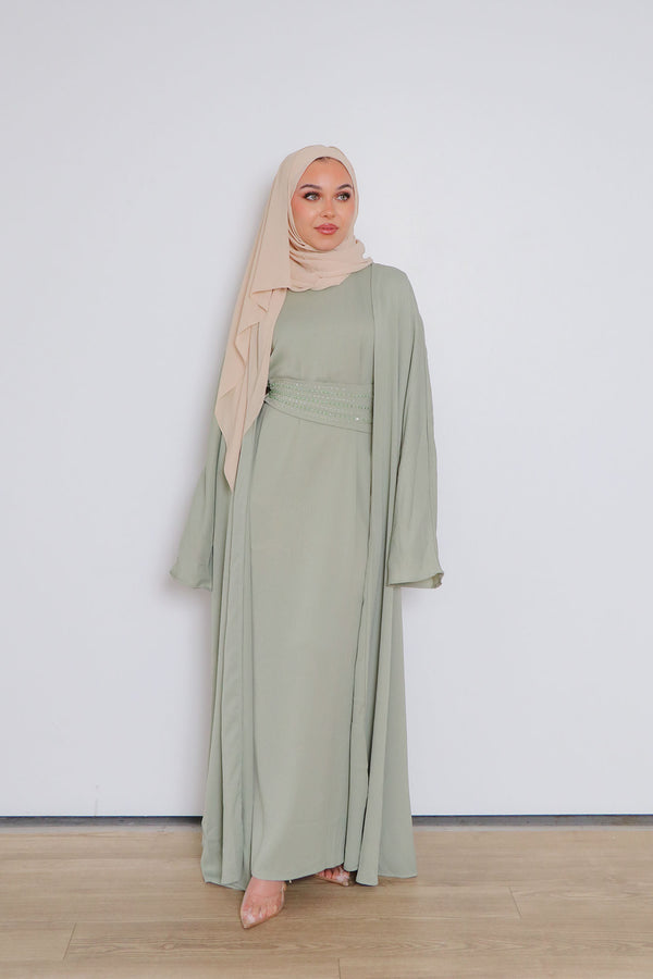 Nia Textured Corset Abaya Set- Light Sage Green