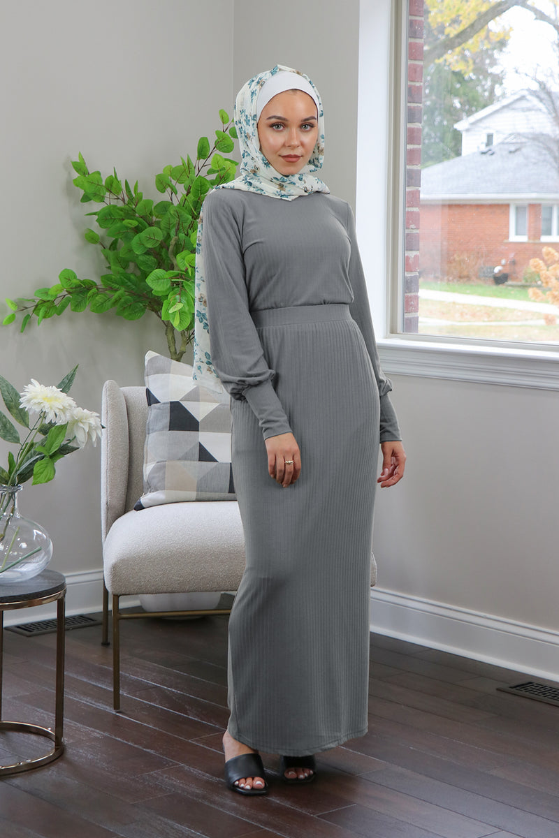 Luxe Ribbed Maxi Skirt - Heather Gray