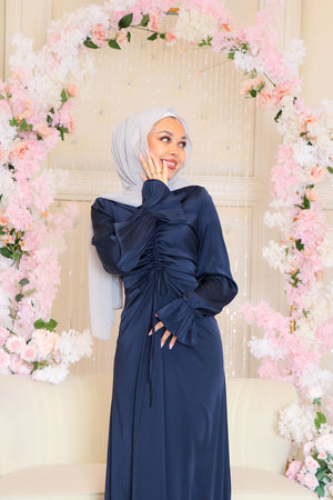 Evie Ruched Satin Dress- Navy Blue