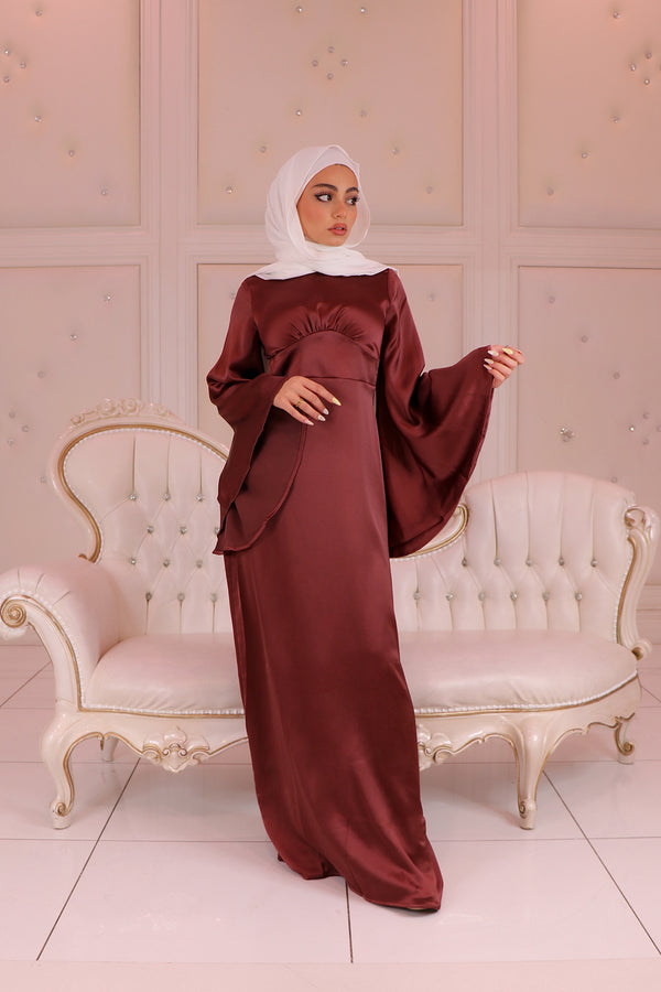 LaMeera Drape Sleeves Satin Dress - Rusty Pink