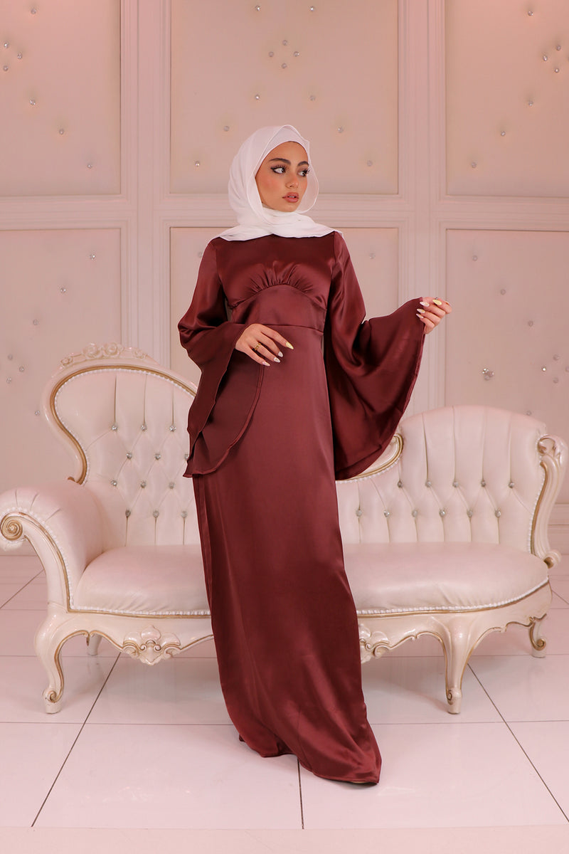 LaMeera Drape Sleeves Satin Dress - Rusty Pink