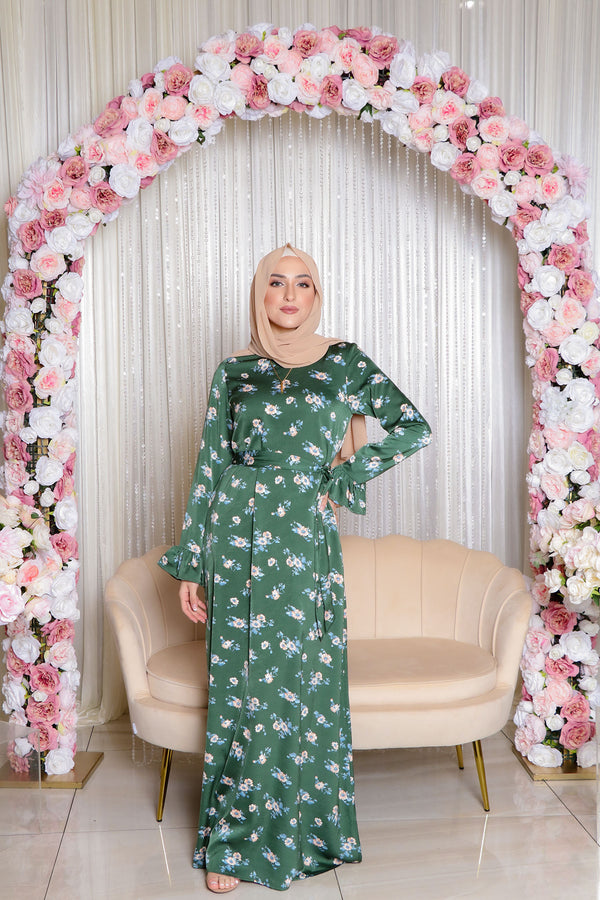 Amaya Satin Floral Dress- Green