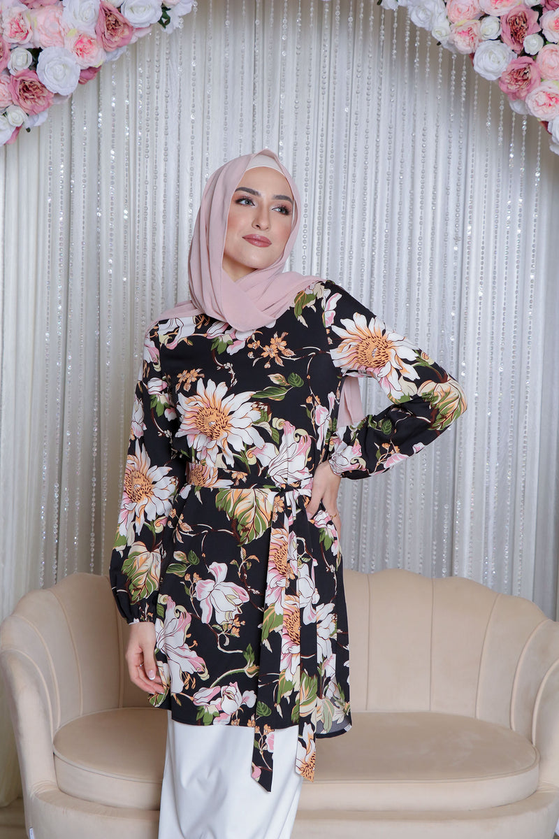 Thea Floral Belted Top- Black & Pink