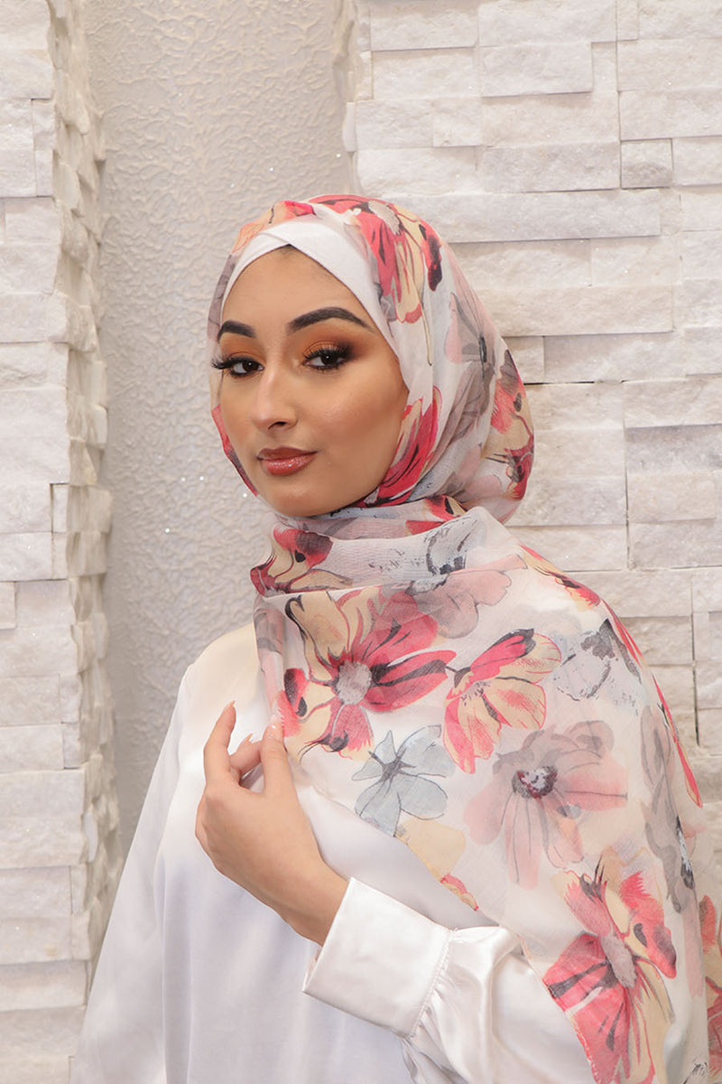 Floral Cotton Scarf- White & Pink