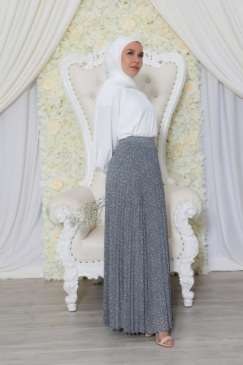 Floral Pleated Skirt- Serenity Blue