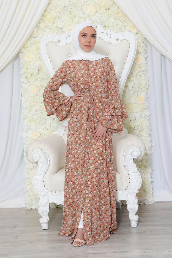 Floral Double-Bell Dress- Camel