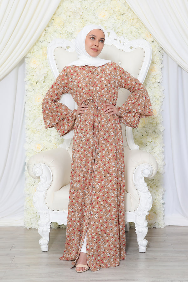Floral Double-Bell Dress- Camel
