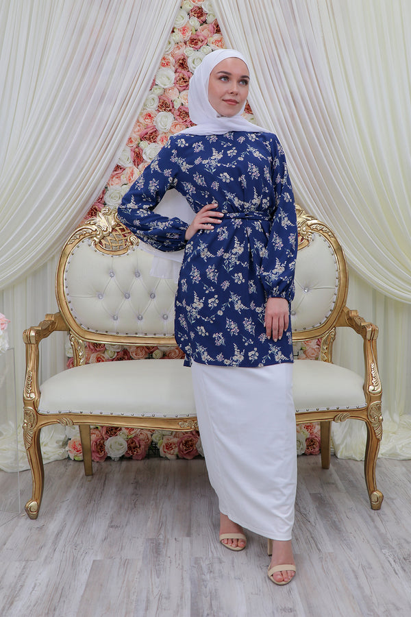 Floral Belted Top- Navy Blue/Cream