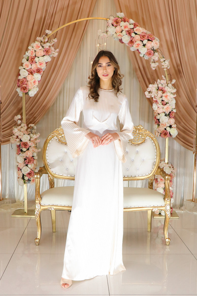Camilla Stripe Satin Dress- Ivory