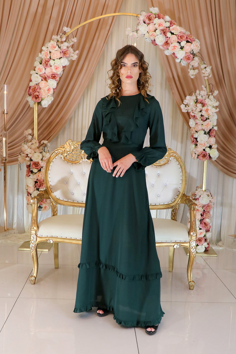 Valerie Chiffon Ruffle Dress- Dark Green