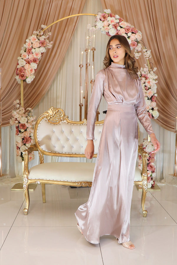 Bella Stripe Satin dress- Nude