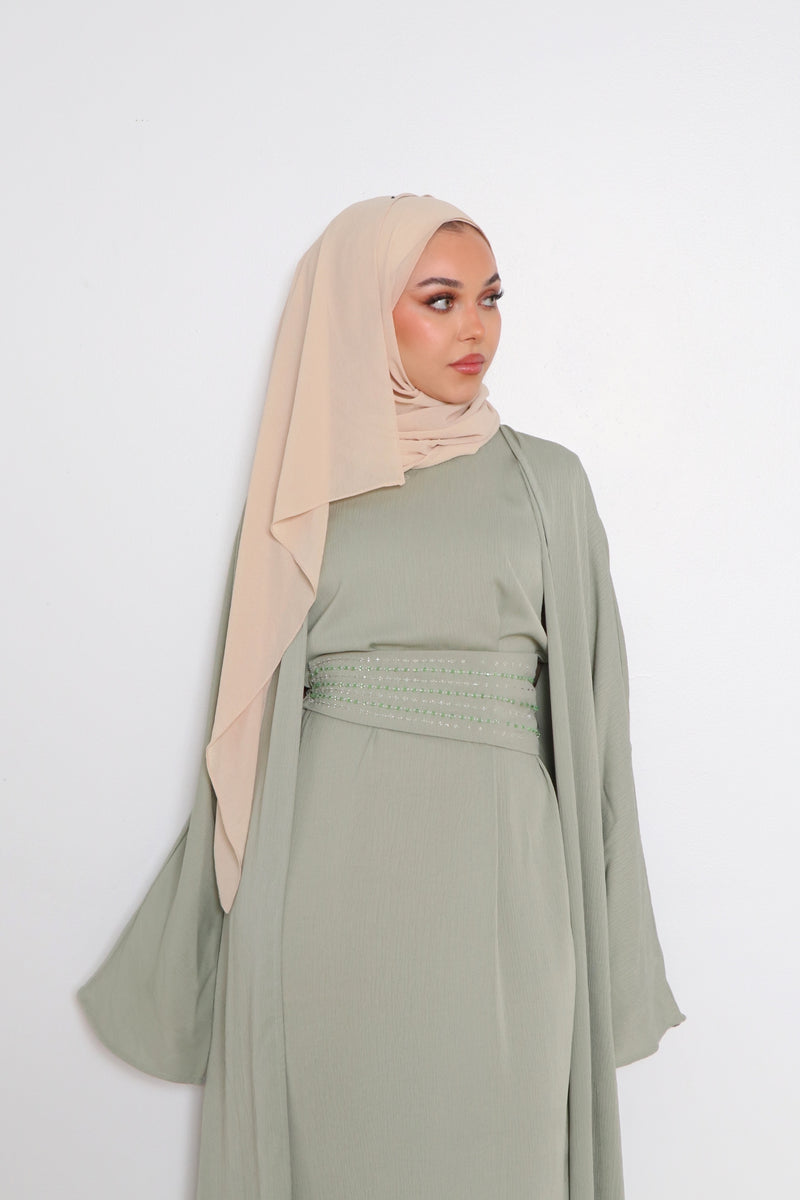 Nia Textured Corset Abaya Set- Light Sage Green