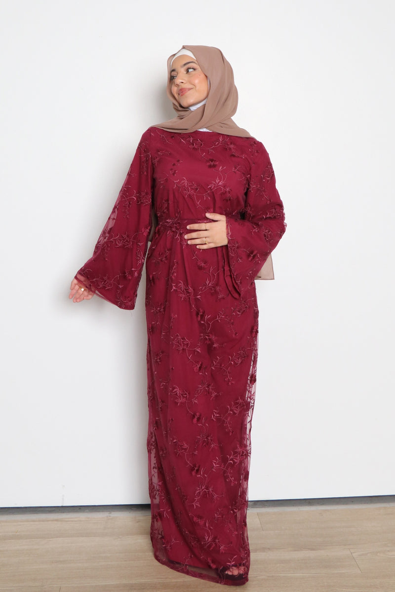 Inara Embroidery Dress- Mahogany