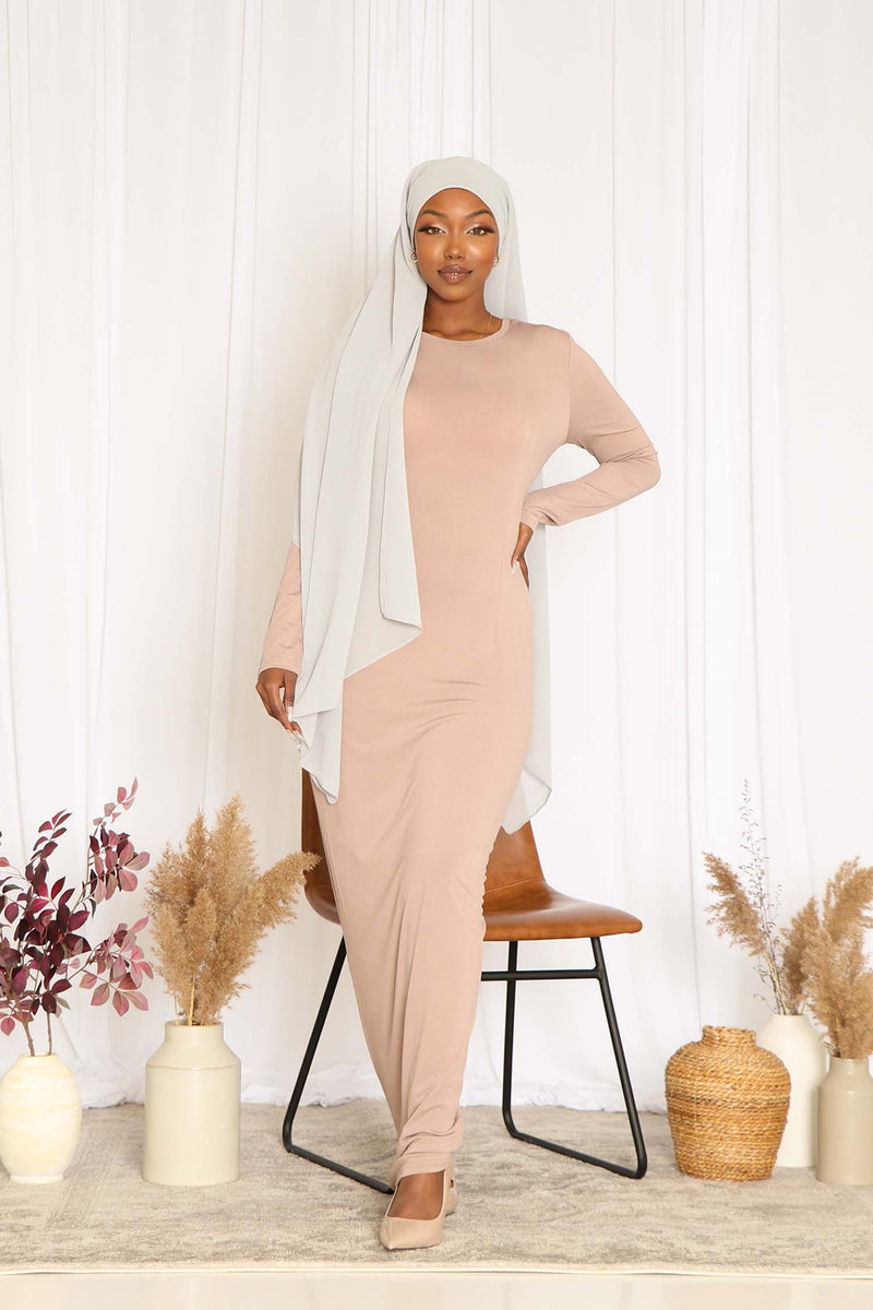 Taupe Plain Fitted Spandex Maxi Dress