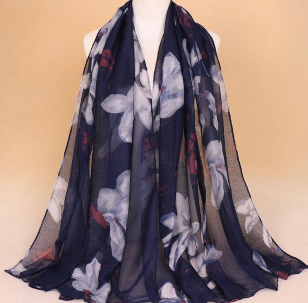 Navy Floral Cotton Scarf (1482055352377)