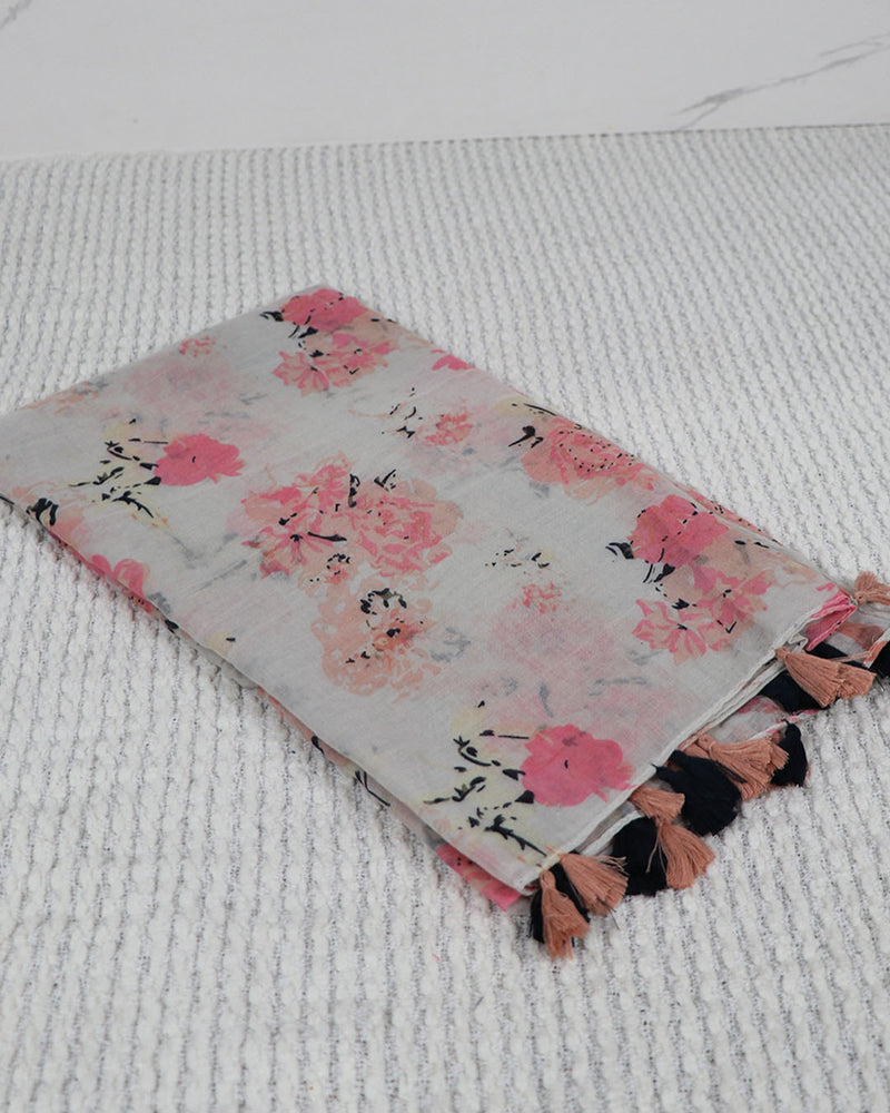 Floral Cotton Scarf-White/pink