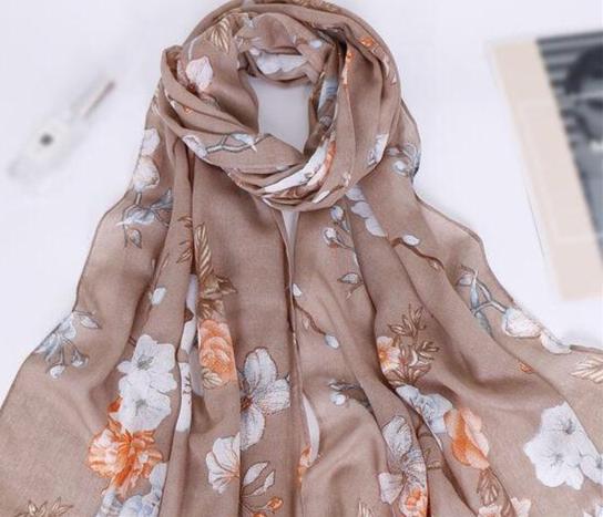 Tan Floral Cotton Scarf (2176687669305)