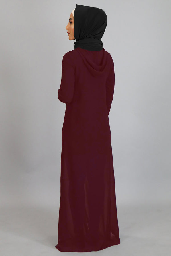 Mahogany Chiffon Hooded Abaya Buttoned-Down Cardigan Dress (2455273668665)