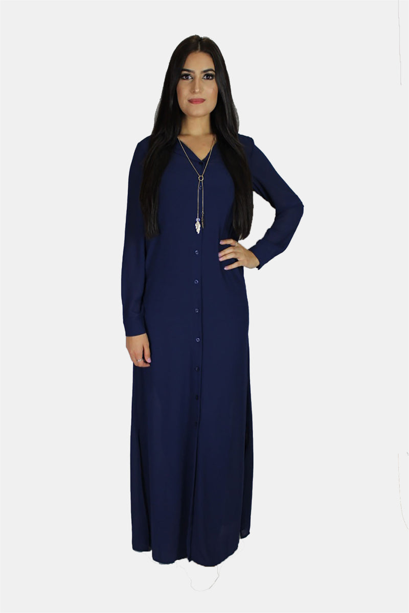 Navy Blue Chiffon Abaya Buttoned-Down Cardigan Dress (11270087566)