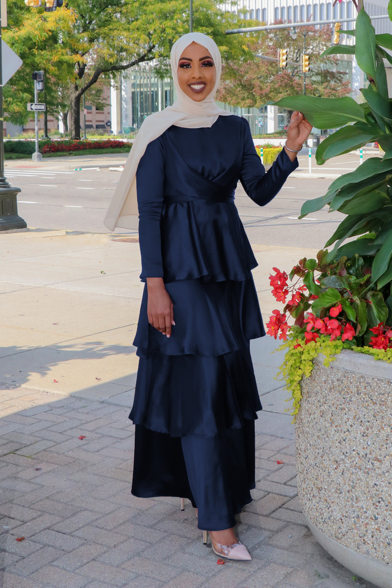 LaMeera Wrap Layered Satin Dress - Midnight Blue
