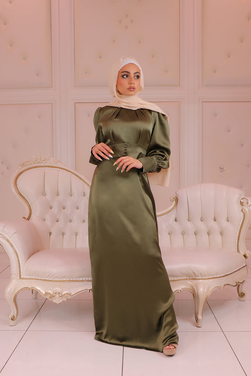 Alanna Cuff Satin Dress - Sage Green
