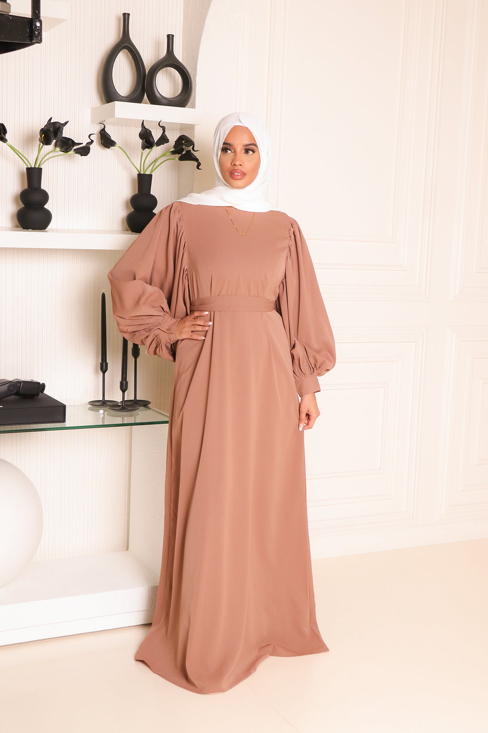 Elisa Soft Balloon Sleeve Dress- Tan