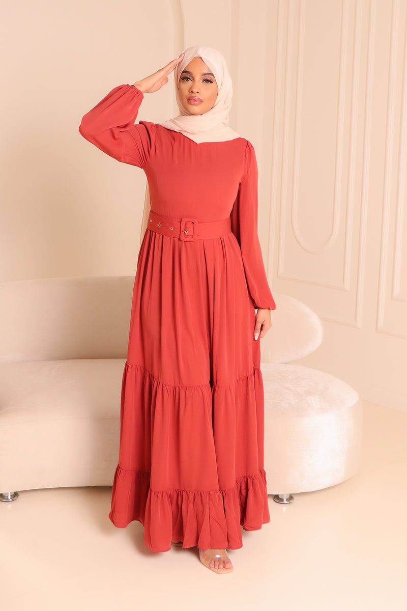 Reina Chiffon Belt Dress- Coral