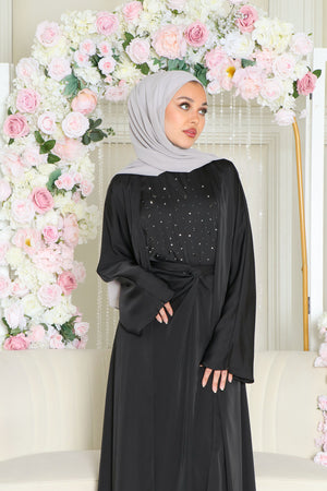 Celene Beaded Wrap Abaya Set- Black