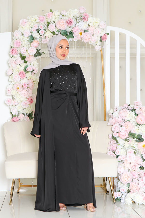 Celene Beaded Wrap Abaya Set- Black